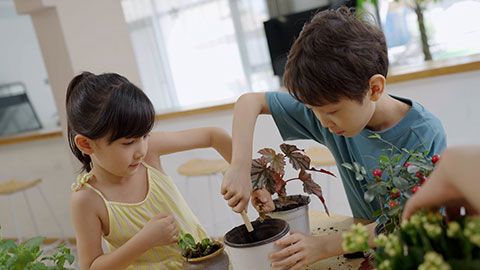 妈妈和孩子们种绿植