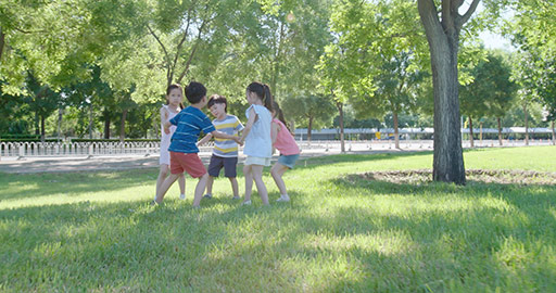 Happy Chinese children playing on meadow,4K