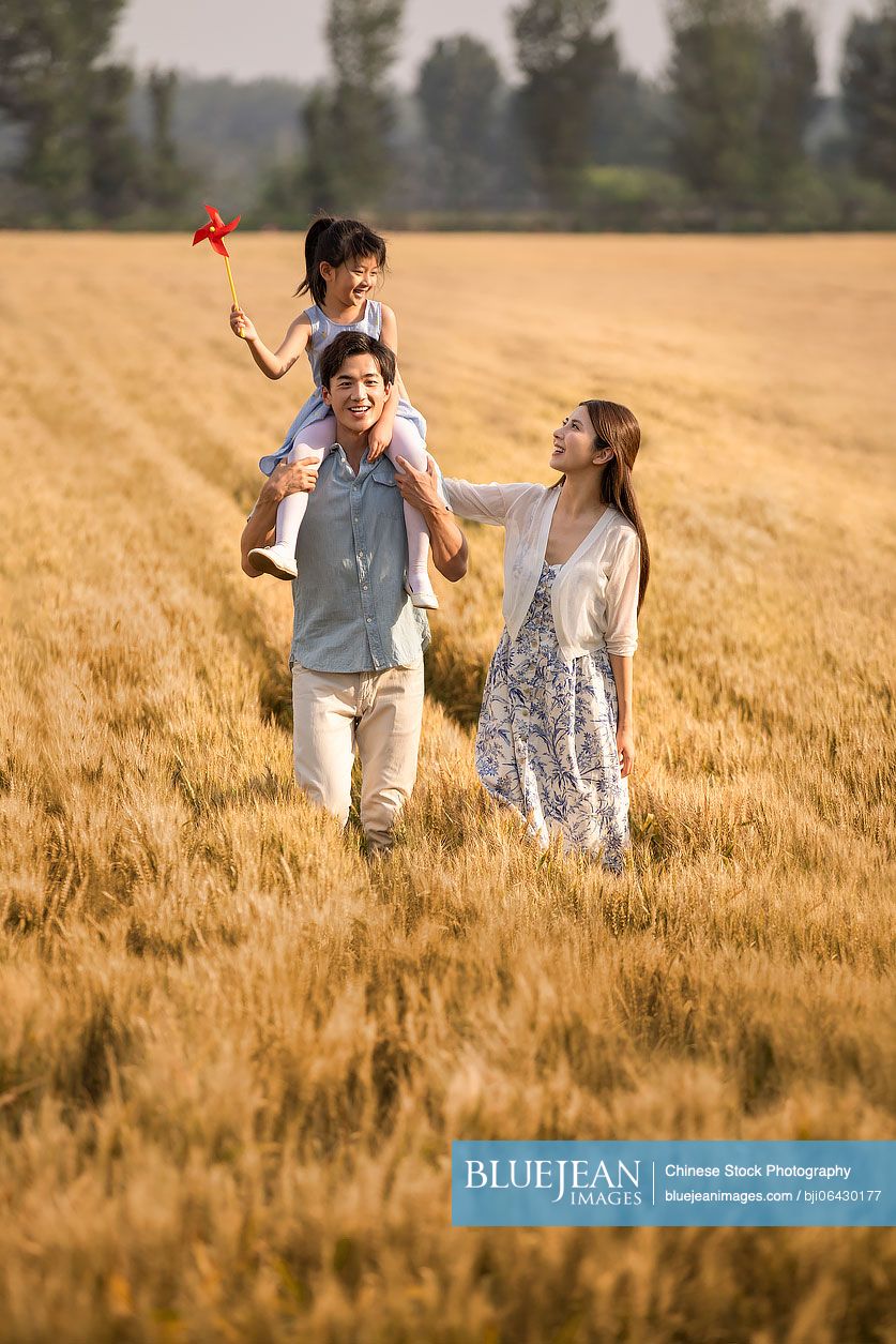 Happy young Chinese family having fun in wheat field