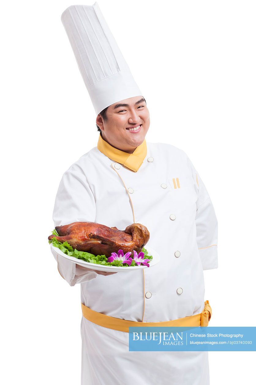 Chubby Chinese cook with roast duck