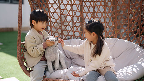 Happy little Chinese children with pet dog on hanging-chair,4K