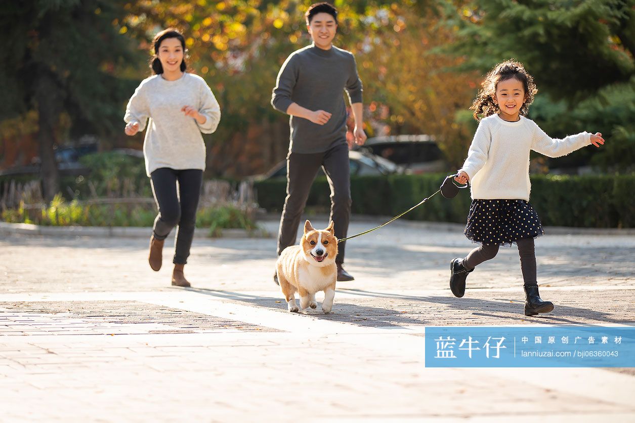 快乐的年轻家庭和宠物狗在户外玩耍