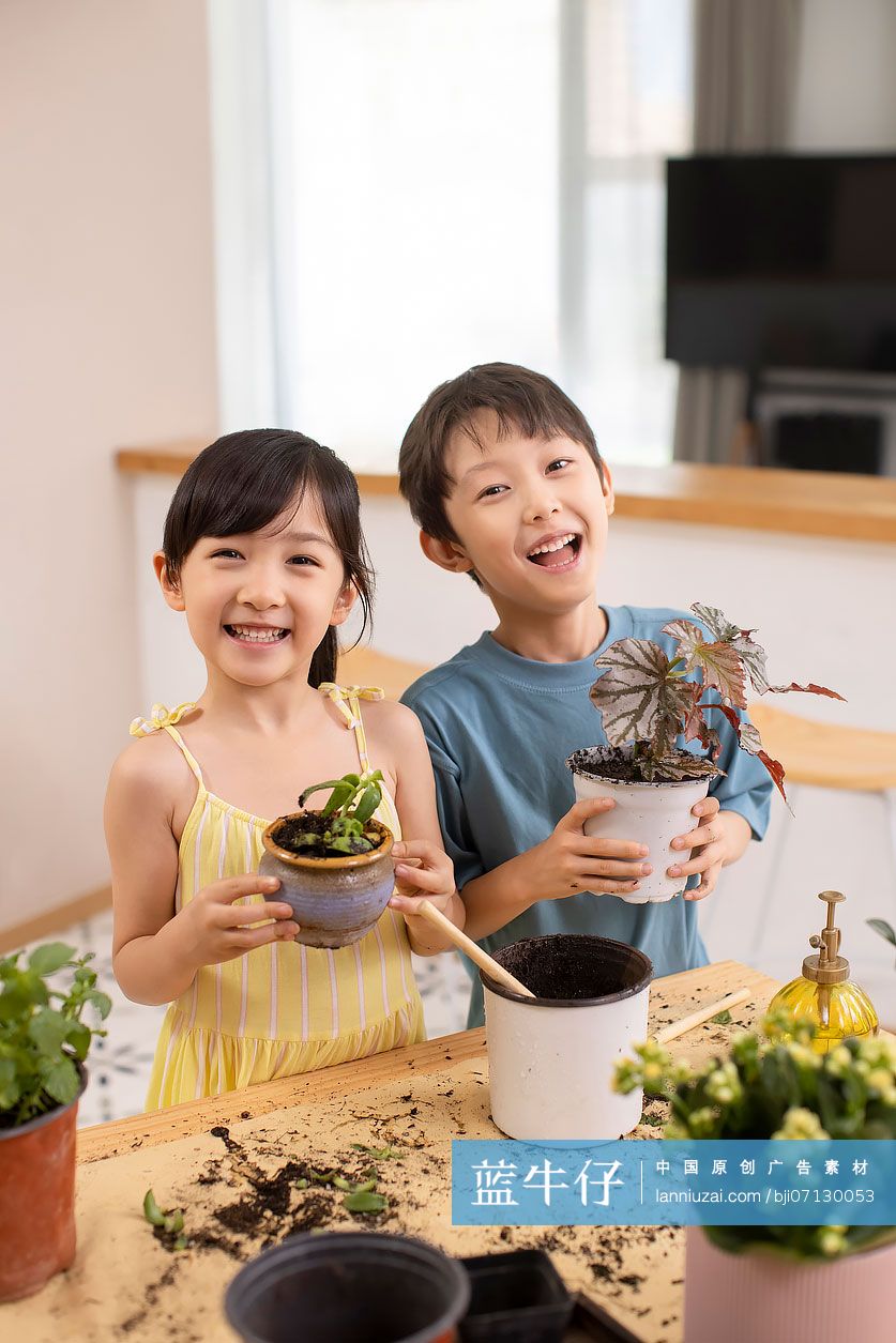 快乐的孩子们在家里种植盆栽