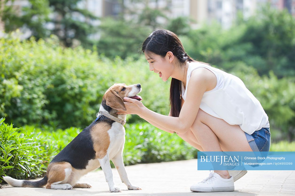 Young Chinese woman playing with a cute dog