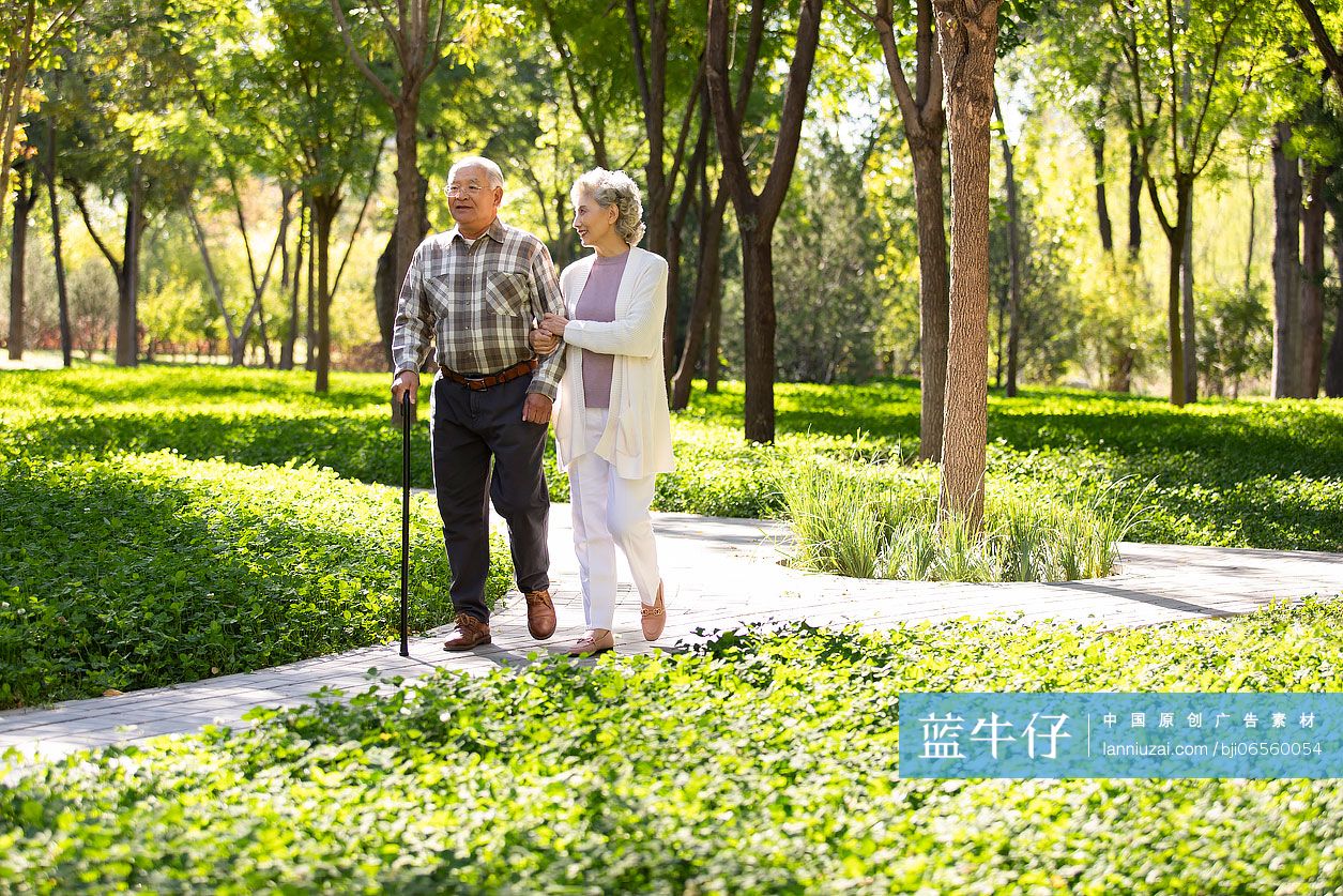 幸福的老年夫妇在公园散步