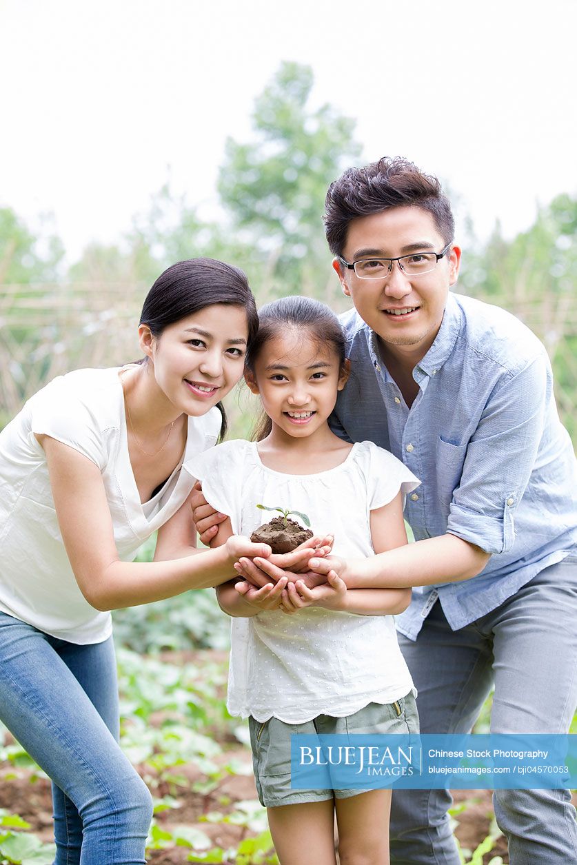 Young Chinese family holding a seedling together