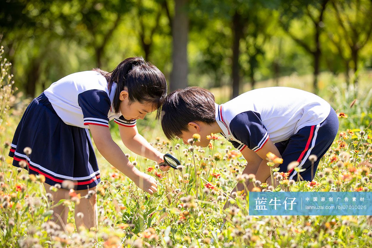 快乐的小学生在户外探索自然