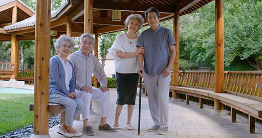 Senior Chinese friends in pavilion,4K
