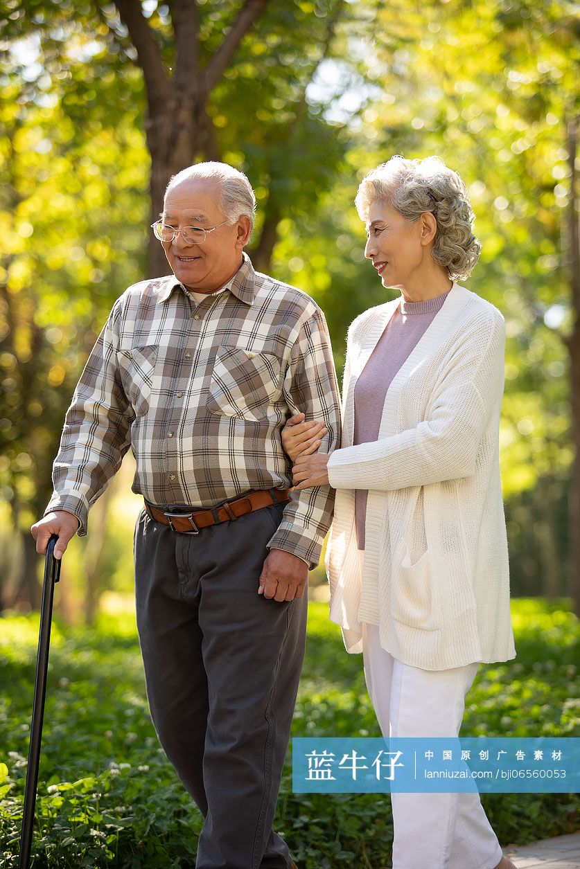幸福的老年夫妇在公园散步