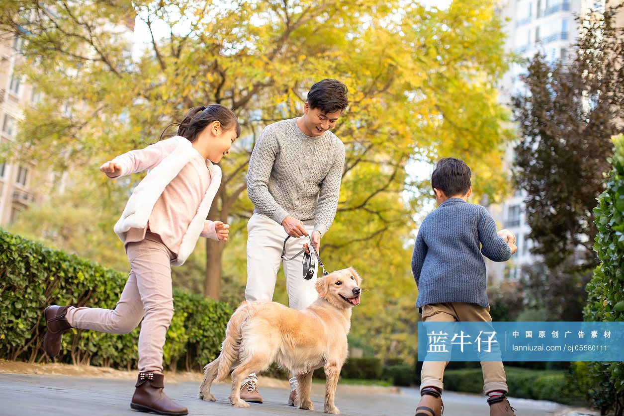 快乐的年轻家庭和狗玩耍