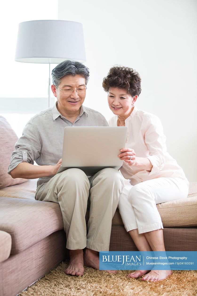 Happy senior Chinese couple using laptop