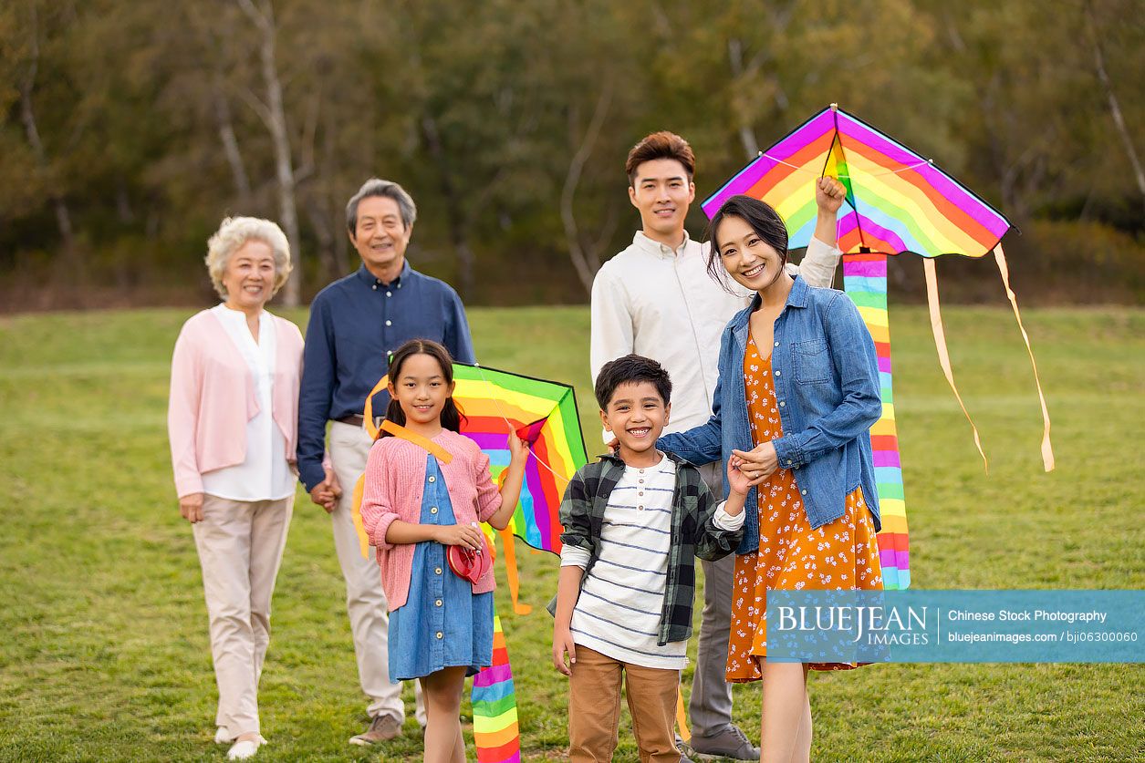 Happy Chinese family playing on meadow