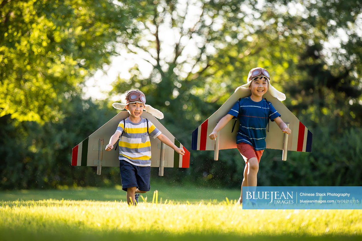Little Chinese boys in costume playing on meadow