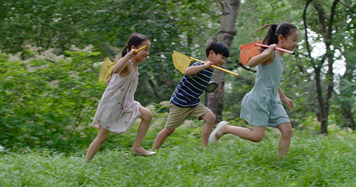 三个孩子在草地玩耍