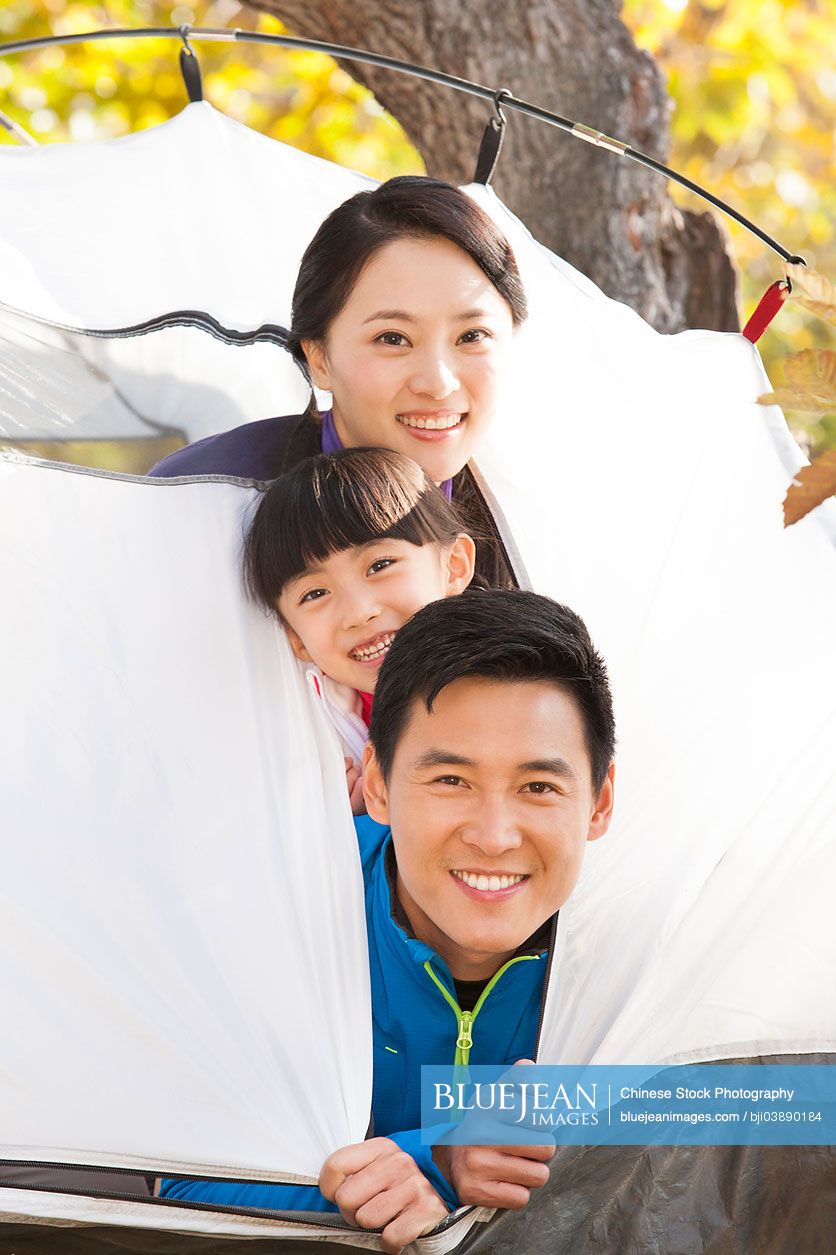 Cheerful Chinese family enjoying the camping time