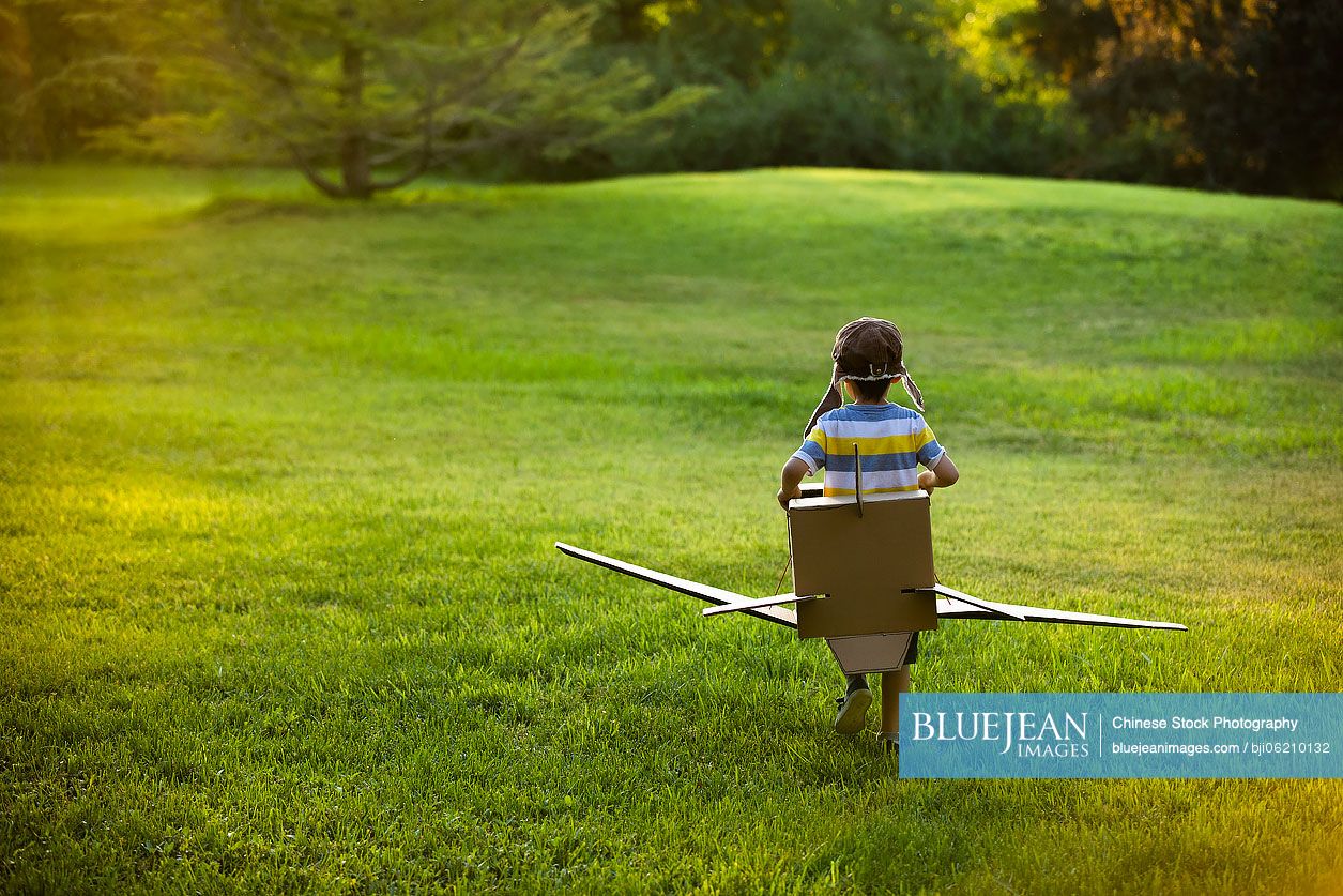 Little Chinese boy in costume playing on meadow