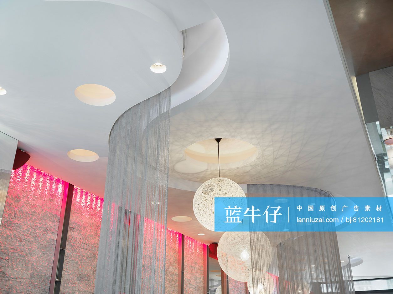 Ceiling lights and string curtains in nightclub