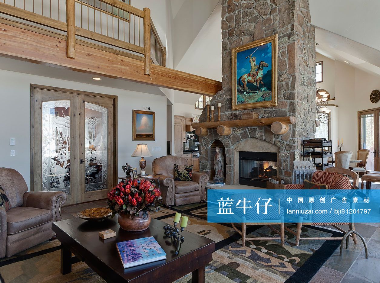 Stone fireplace in living room-蓝牛仔影像-中国原创广告影像素材