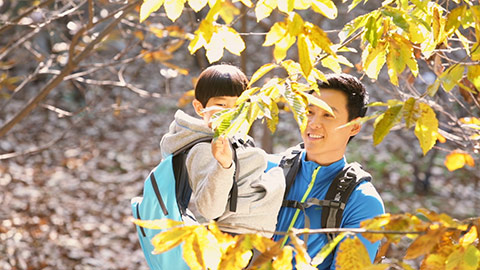 Chinese father and son on a hike,HD