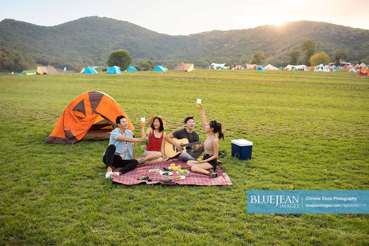 Happy young Chinese friends having a picnic outdoors