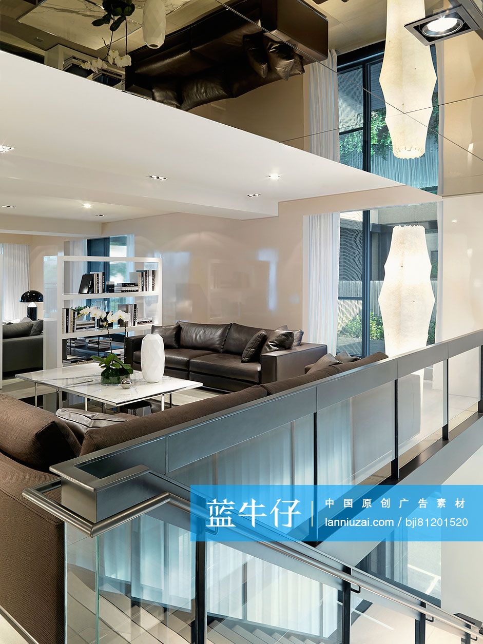 Modern living room by stairway-蓝牛仔影像-中国原创广告影像素材