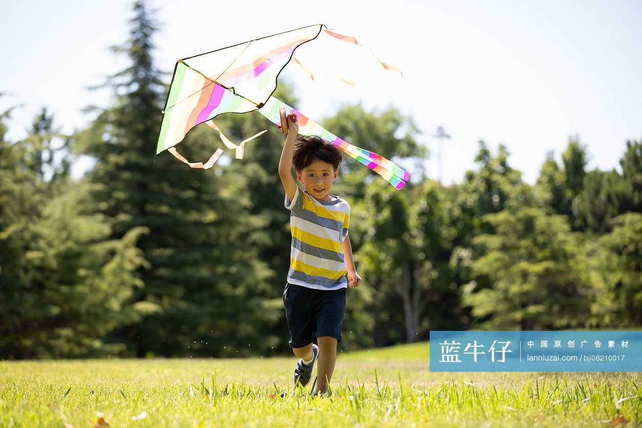 快乐的小男孩在草地上放风筝