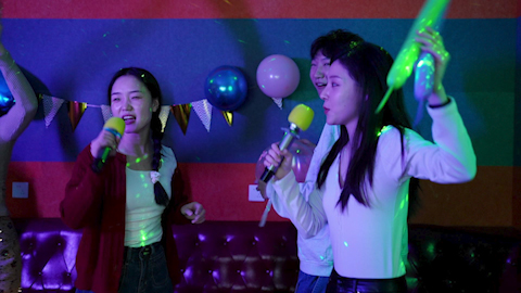 Young friends having fun at birthday karaoke party