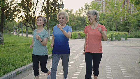 Happy senior Chinese friends exercising in park,4K