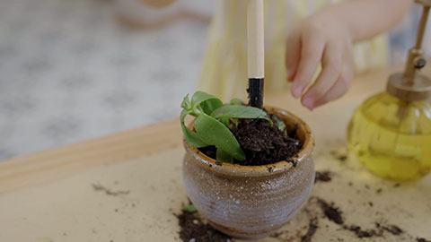 Mum and daughter enjoy potting plants together at home