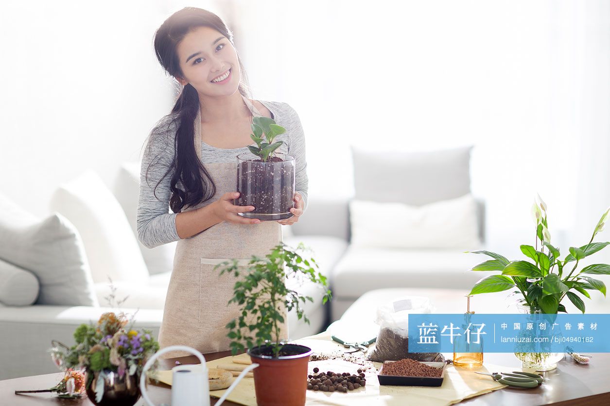年轻女子在家种植盆栽-蓝牛仔影像-中国原创广告影像素材