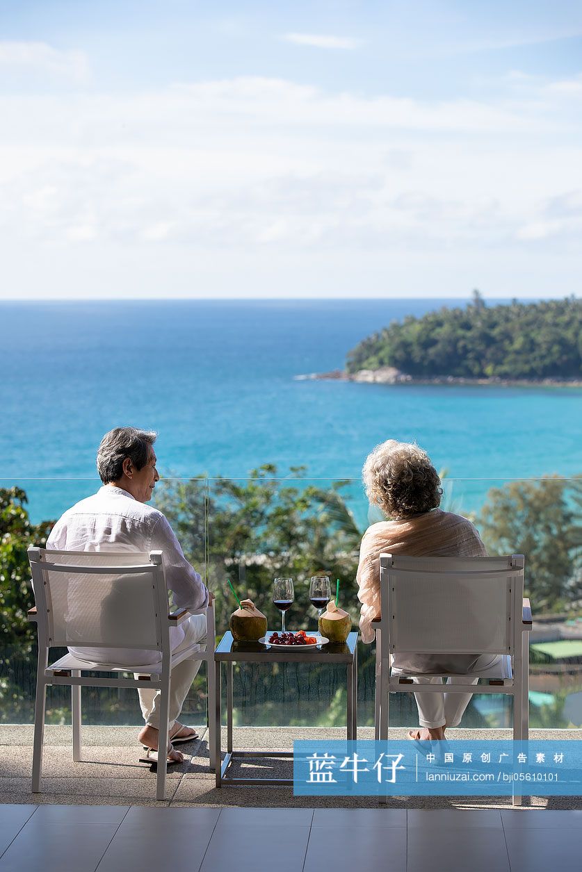 老年夫妇在阳台喝红酒