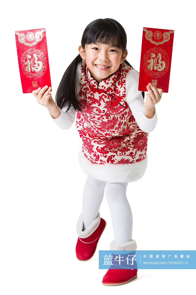 快乐的小女孩拿着红包