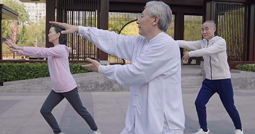 Cheerful senior Chinese adult practicing Tai Chi in the park,4K