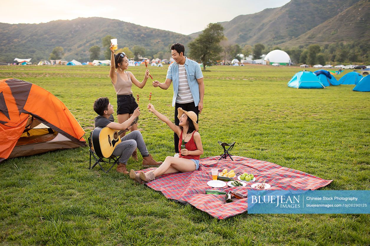 Happy young Chinese friends having a picnic outdoors