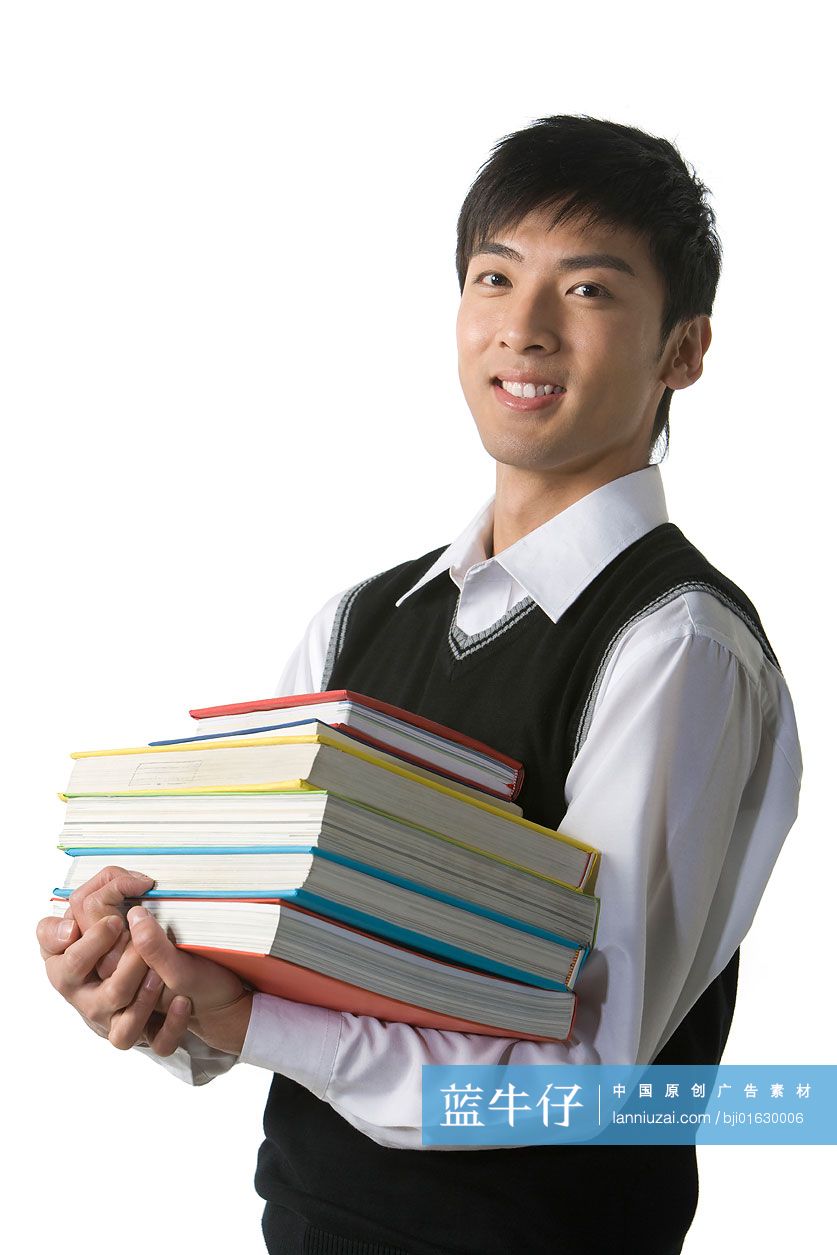 男大学生抱着书 蓝牛仔影像 中国原创广告影像素材