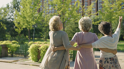 Happy senior Chinese friends relaxing in park,4K