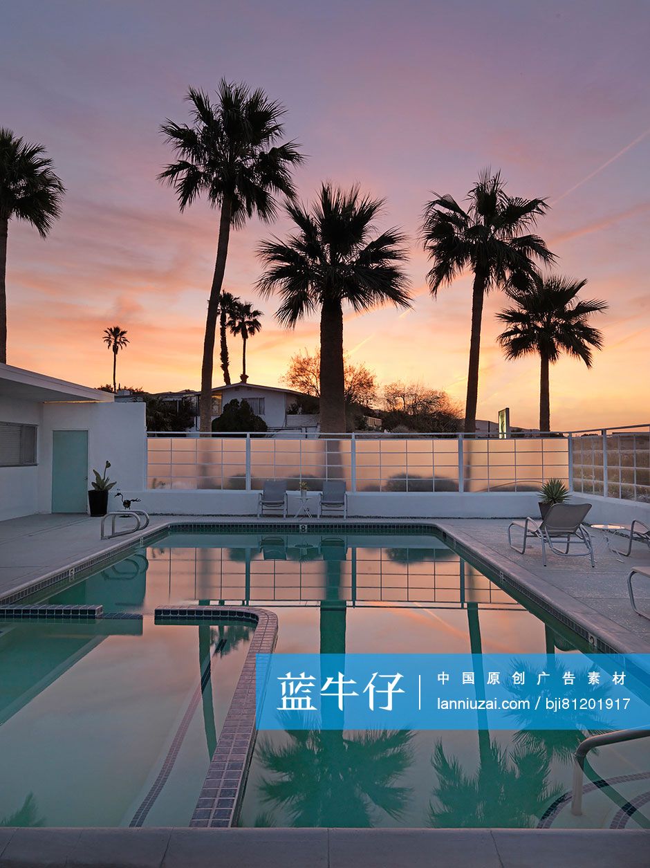 Resort swimming pool with palm trees at dusk