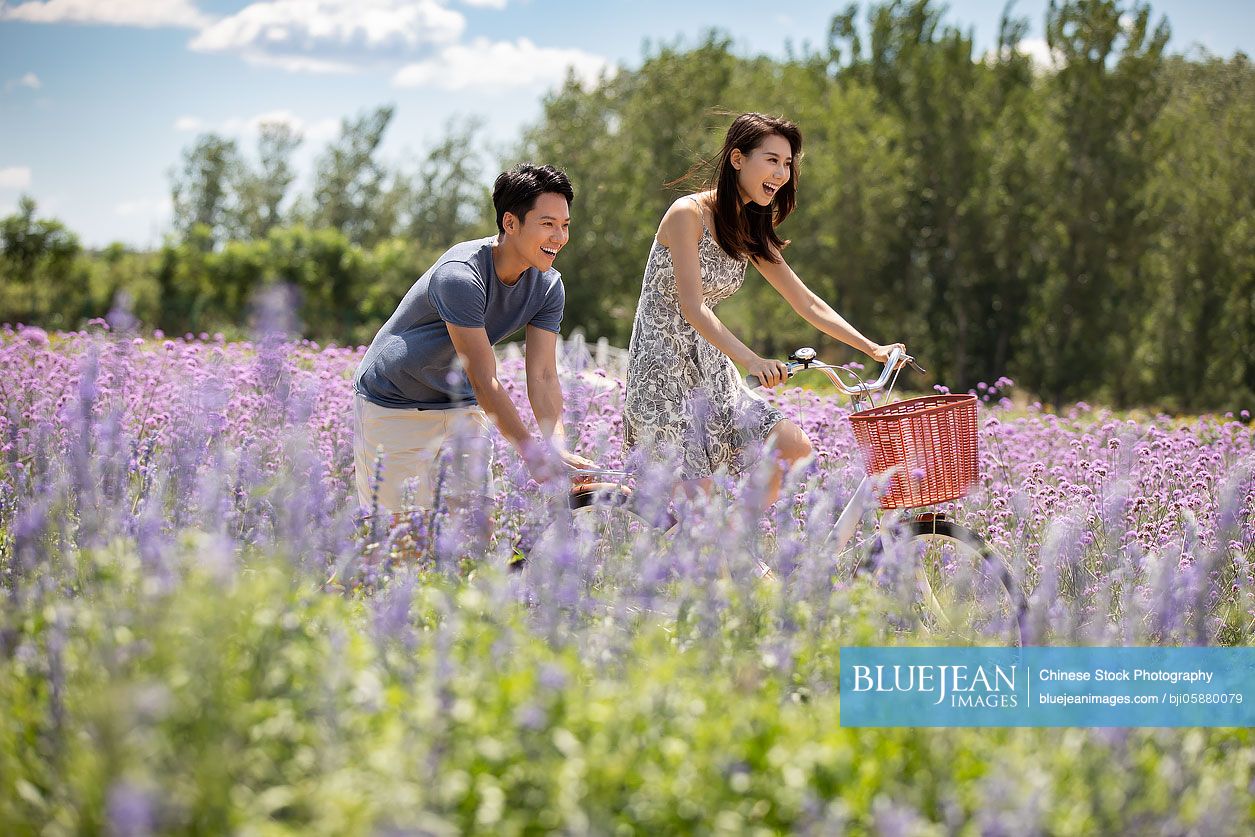 Happy young Chinese couple dating in lavender field