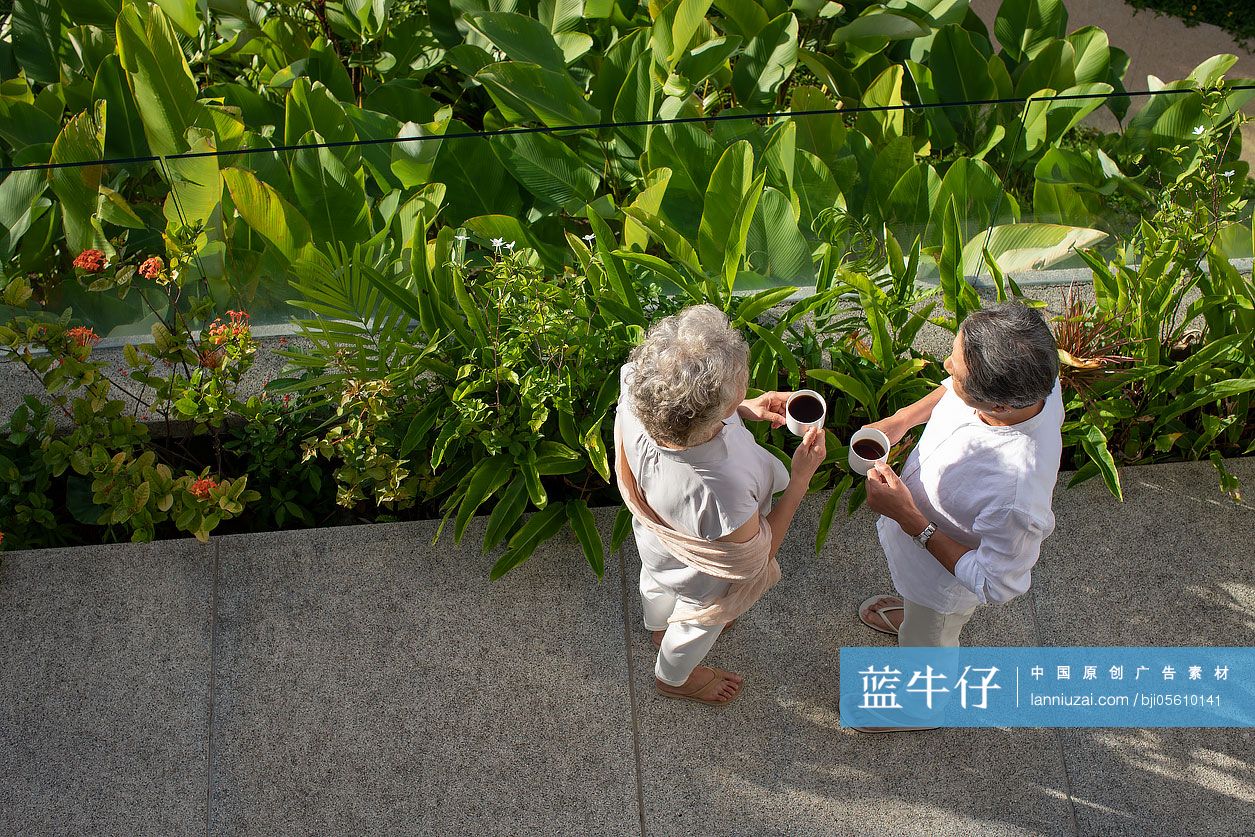 快乐的老年夫妇在阳台喝咖啡