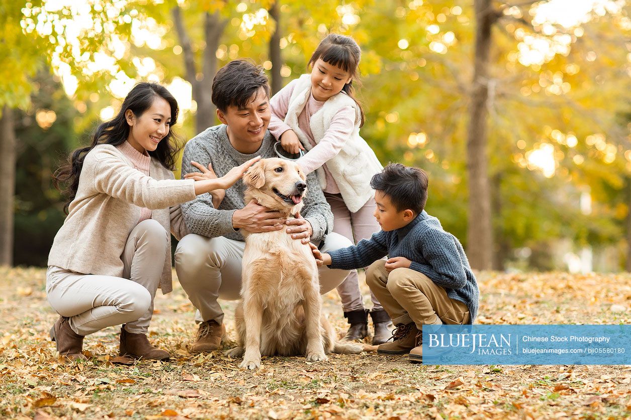 Happy young Chinese family with dog in autumn woods
