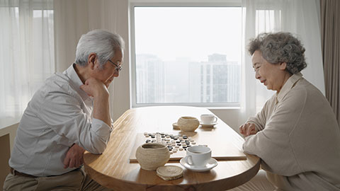 Senior Chinese couple  playing the game of go at home,4K