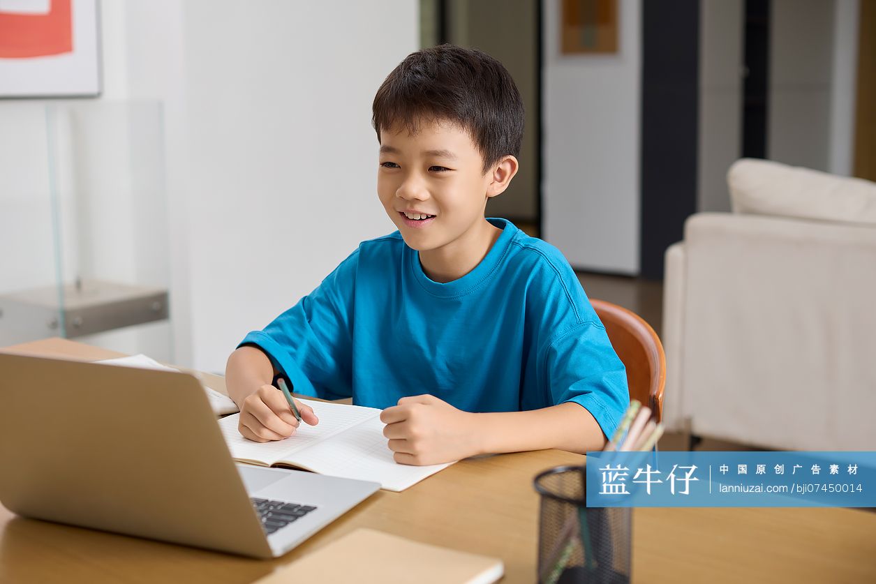 男孩在家上网课