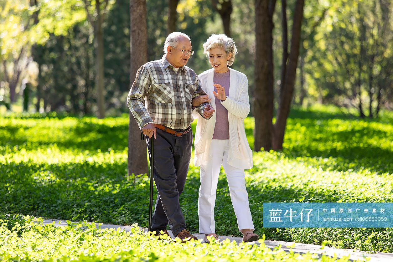 幸福的老年夫妇在公园散步
