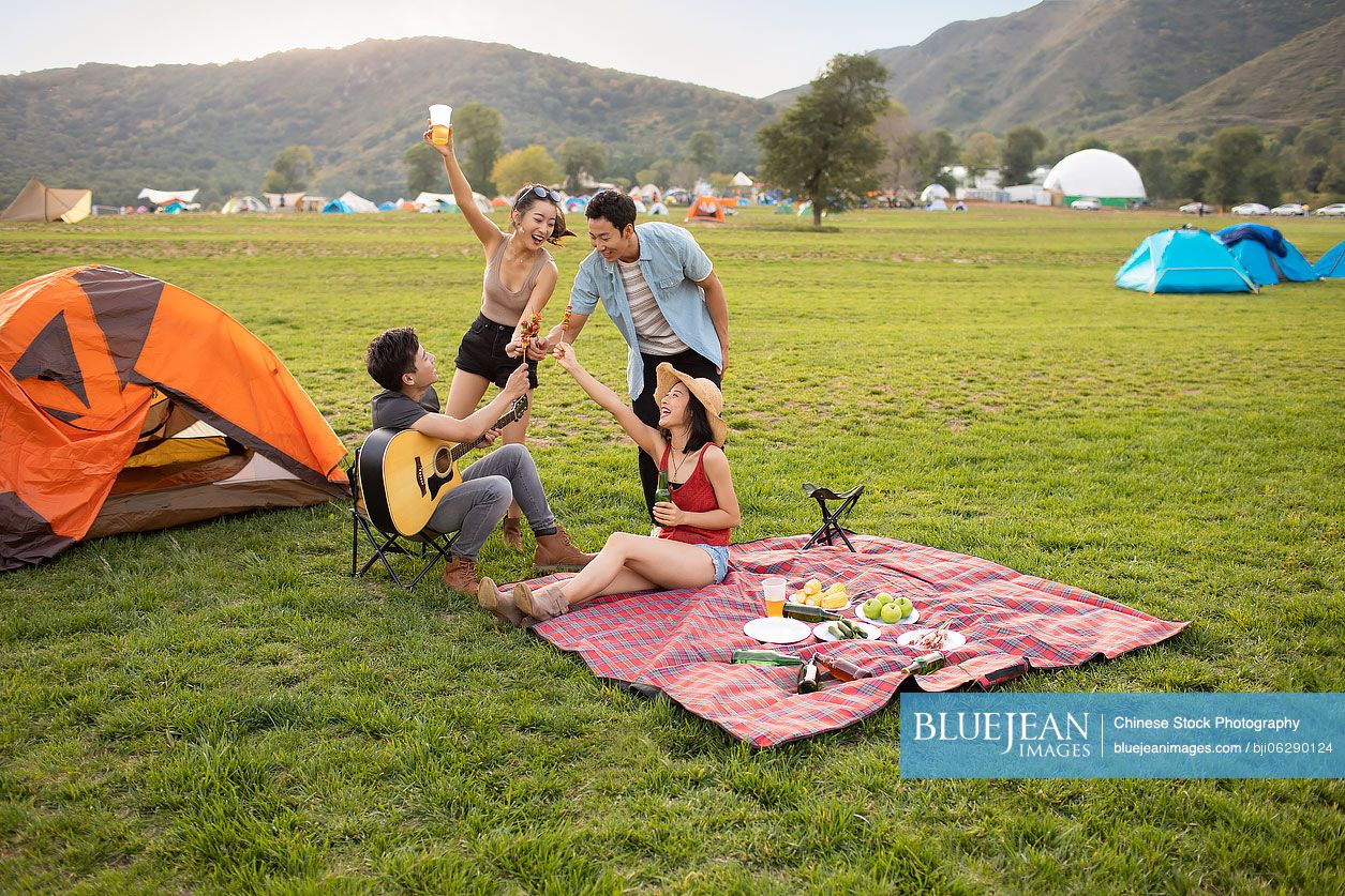 Happy young Chinese friends having a picnic outdoors