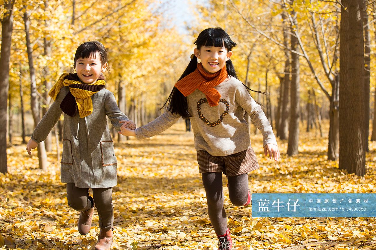 秋天，孩子们在森林里散步照片摄影图片_ID:351265900-Veer图库