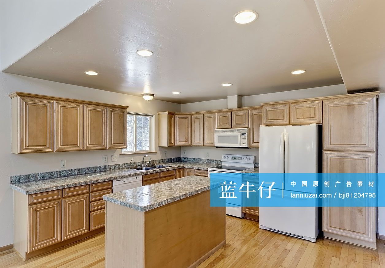 Kitchen island and cabinets in house