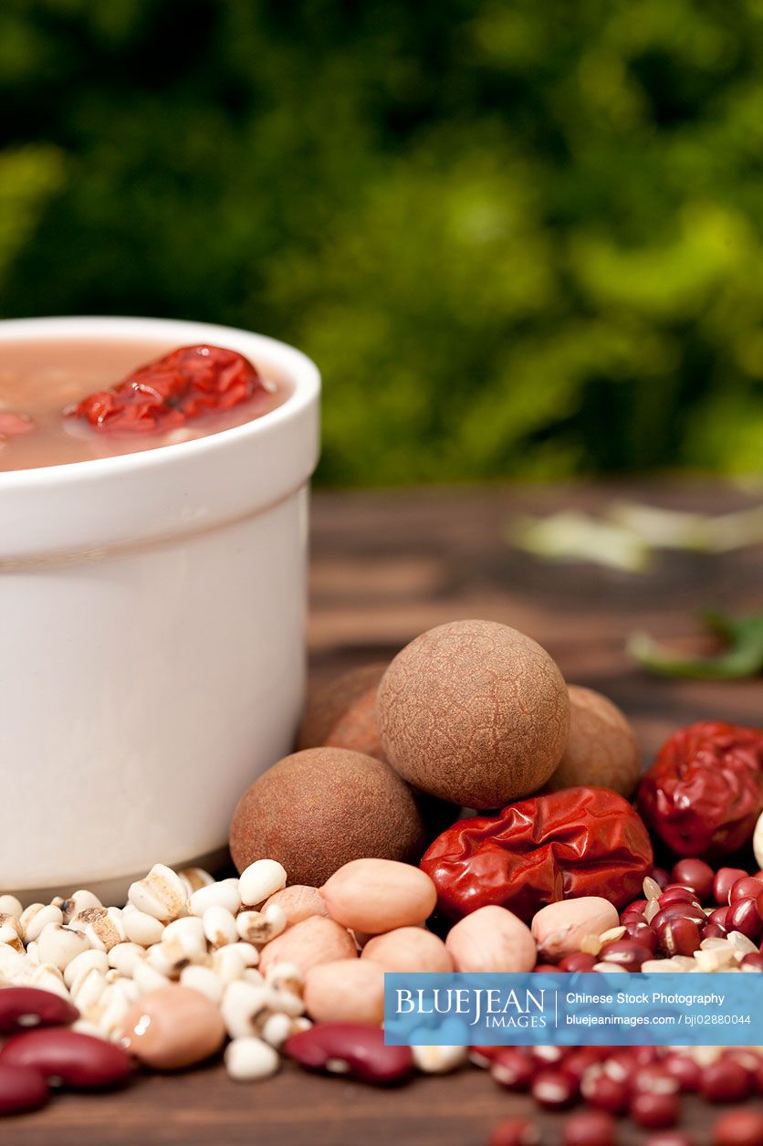 Chinese traditional porridge and ingredients