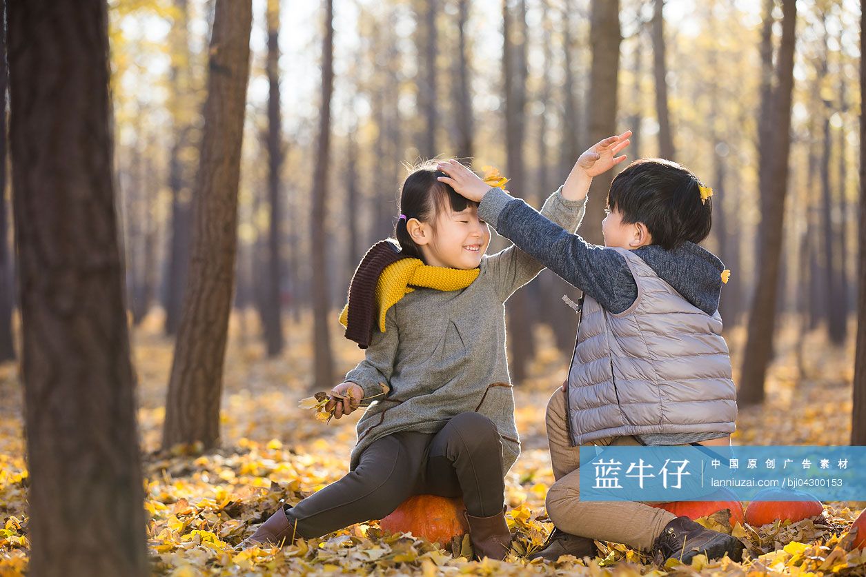 两个小孩在秋日的树林里玩树叶-蓝牛仔影像-中国原创广告影像素材
