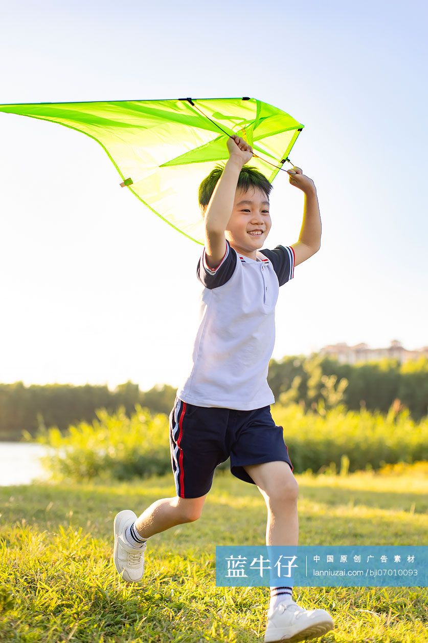 快乐的小男孩在草地上玩风筝