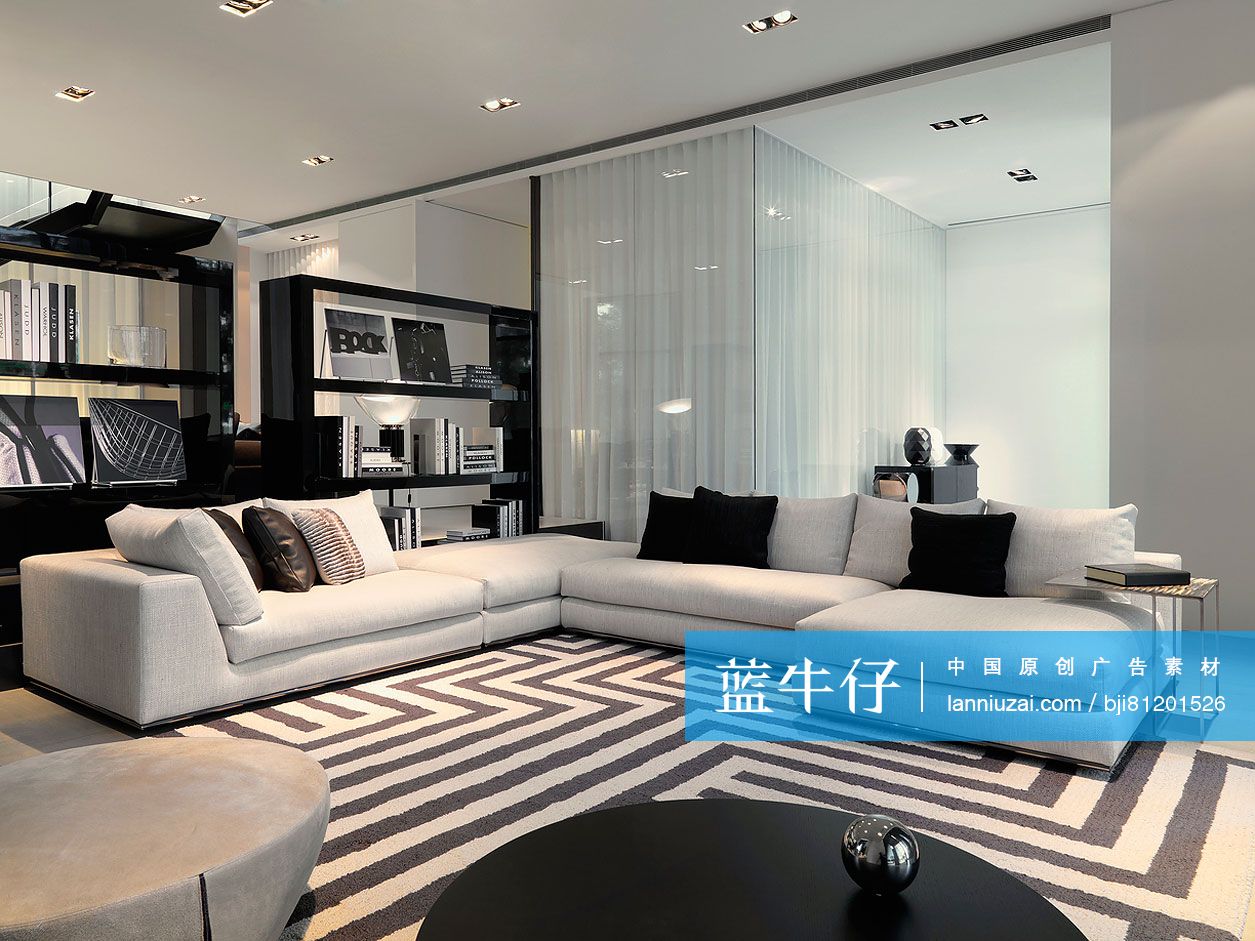 Sectional sofa against bookshelves at home